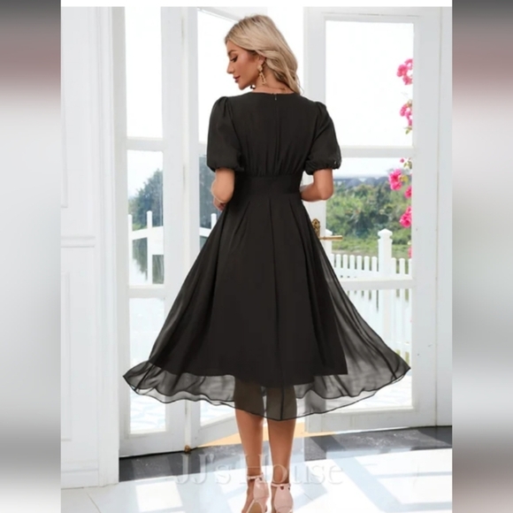 JJ’s House Formal V-nech A-line Chiffon Black Midi Dress with Puff Sleeves - Picture 2 of 9